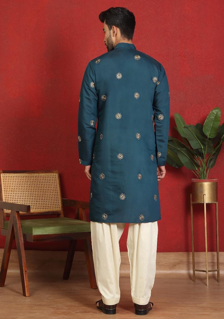 Blue Embroidered Cotton Kurta For Men - Indya