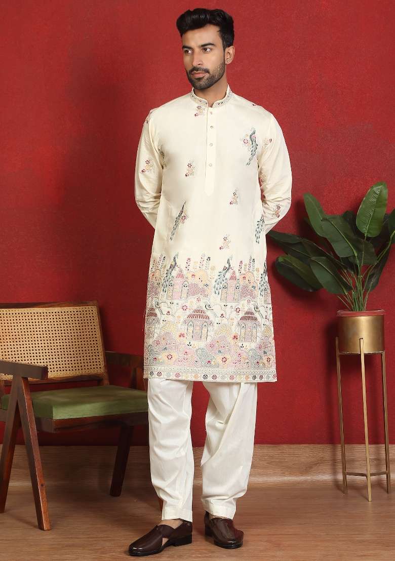 Cream Floral Print Cotton Kurta For Men - Indya