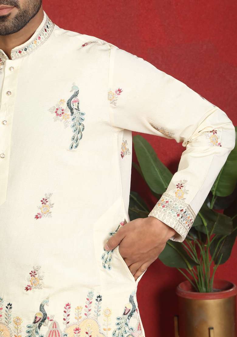 Cream Floral Print Cotton Kurta For Men - Indya