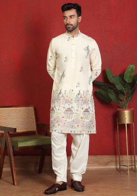 Cream Floral Print Cotton Kurta For Men