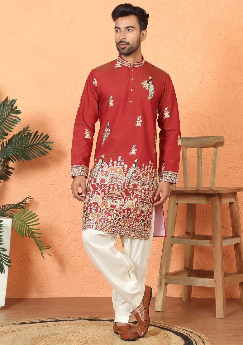 Red Floral Print Cotton Kurta For Men - Indya