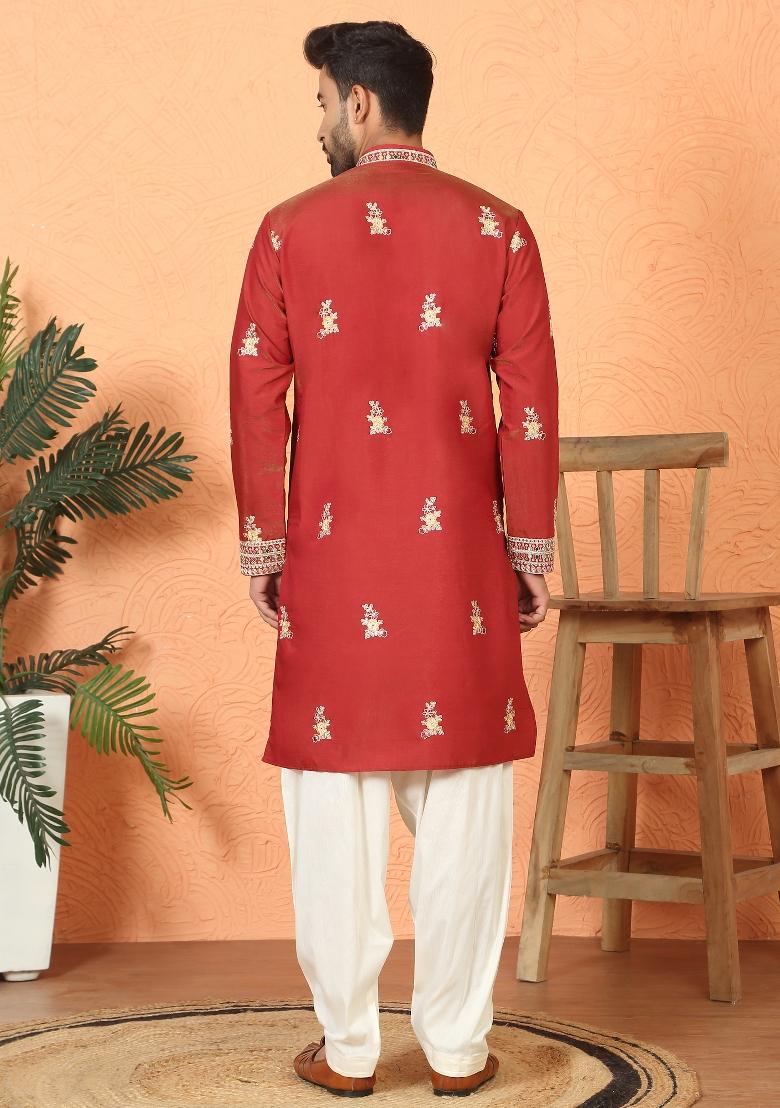 Red Floral Print Cotton Kurta For Men - Indya