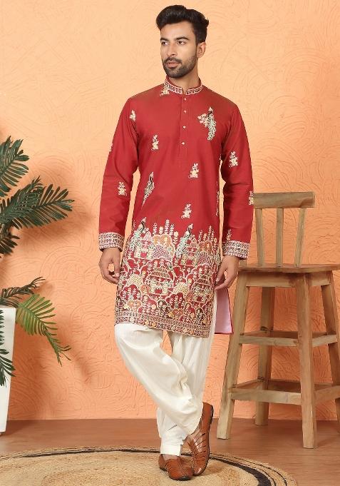 Red Floral Print Cotton Kurta For Men