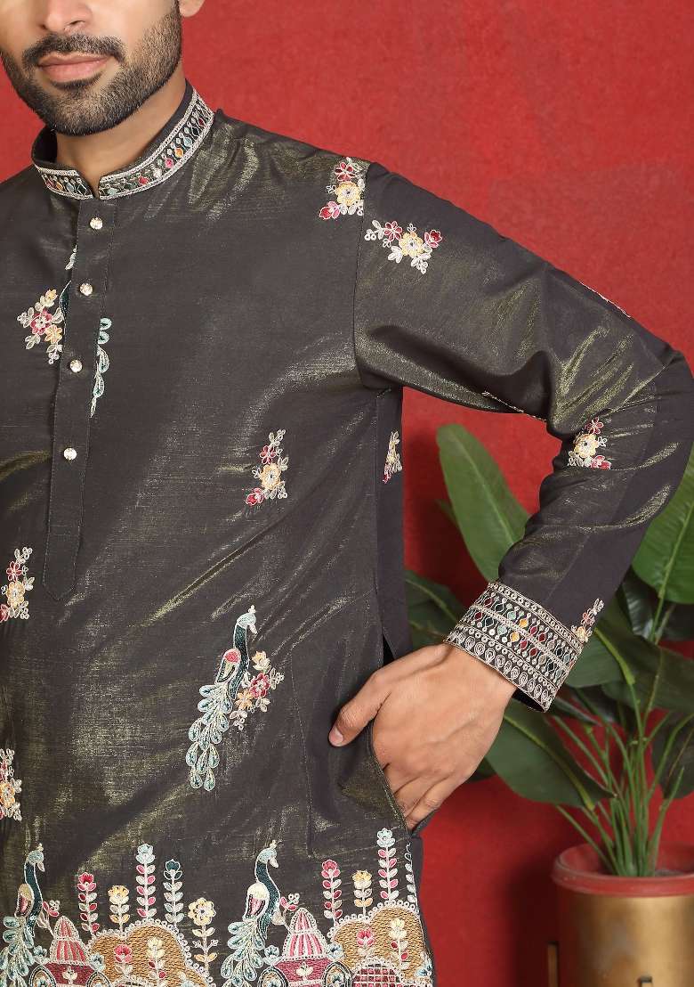 Green Floral Print Cotton Kurta For Men - Indya