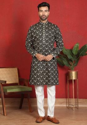 Black Embroidered Cotton Kurta For Men