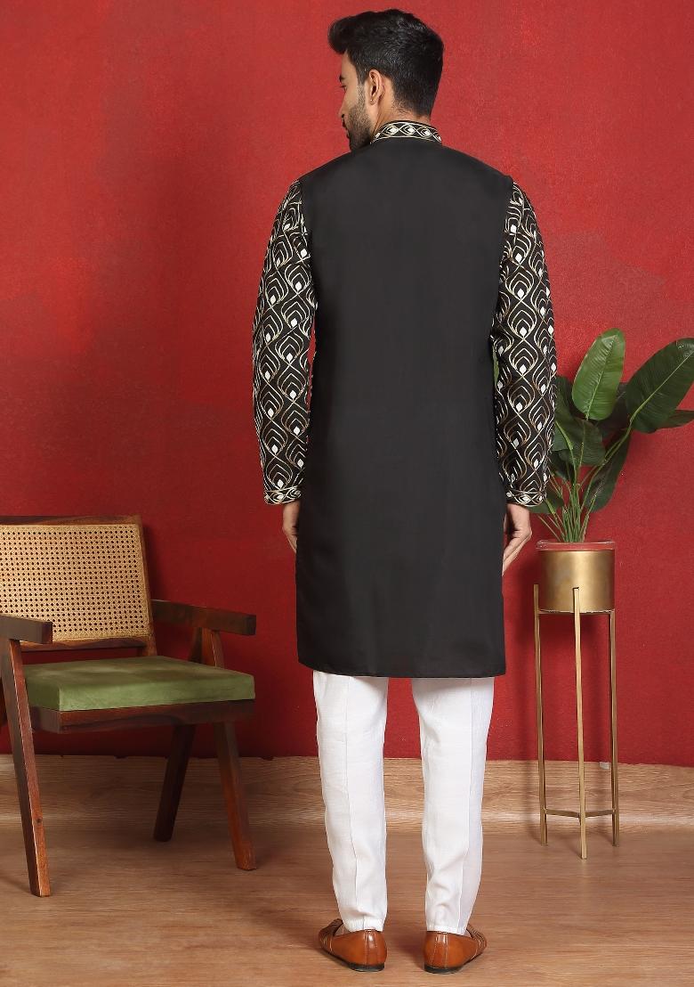 Black Embroidered Cotton Kurta For Men - Indya