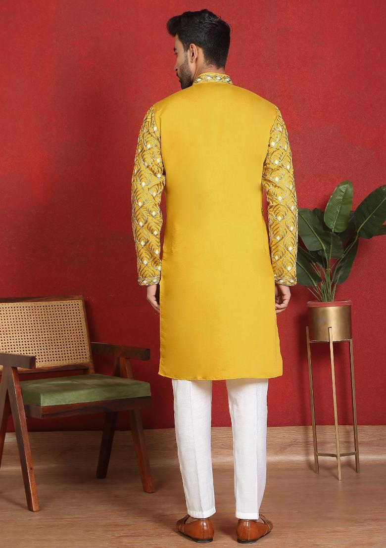 Yellow Embroidered Cotton Kurta For Men - Indya