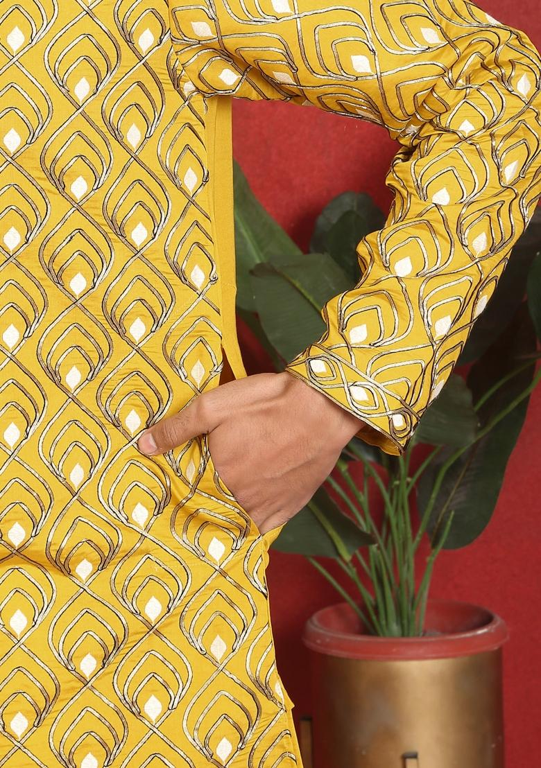 Yellow Embroidered Cotton Kurta For Men - Indya
