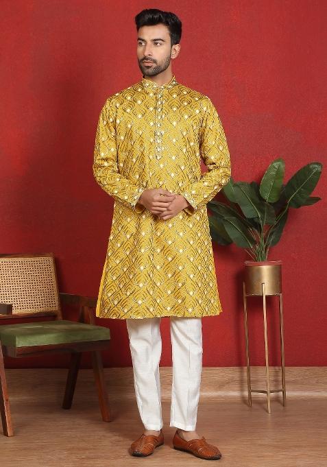Yellow Embroidered Cotton Kurta For Men