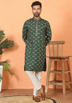Green Embroidered Cotton Kurta For Men