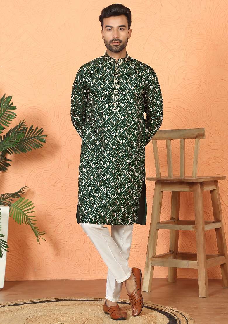 Green Embroidered Cotton Kurta For Men - Indya