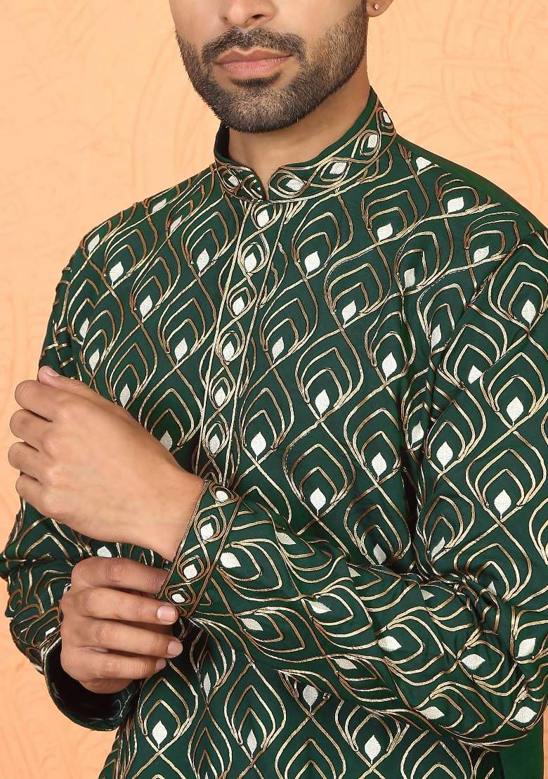 Green Embroidered Cotton Kurta For Men - Indya