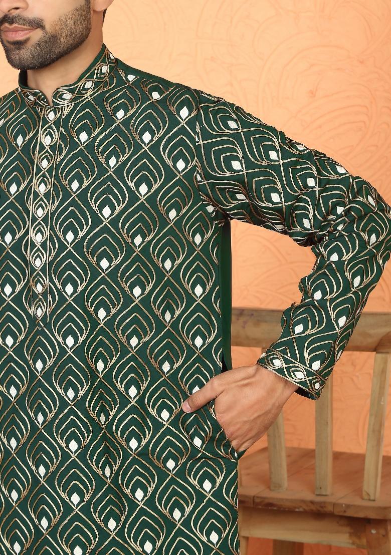 Green Embroidered Cotton Kurta For Men - Indya