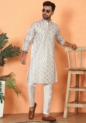 Cream Embroidered Cotton Kurta For Men