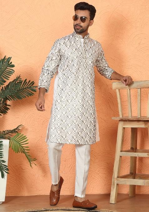 Cream Embroidered Cotton Kurta For Men
