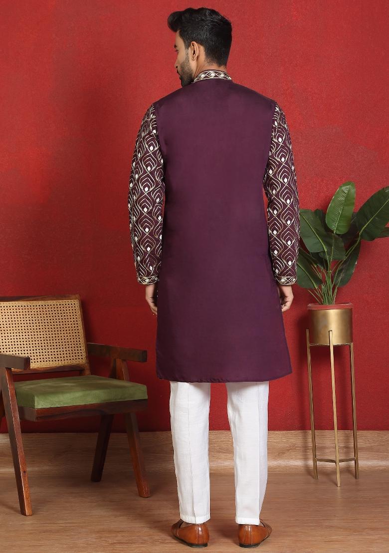 Purple Embroidered Cotton Kurta For Men - Indya