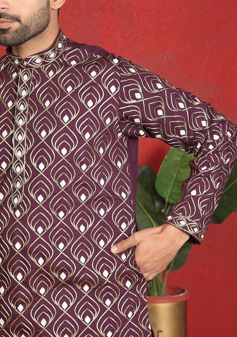Purple Embroidered Cotton Kurta For Men - Indya