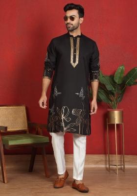 Black Embroidered Cotton Kurta For Men
