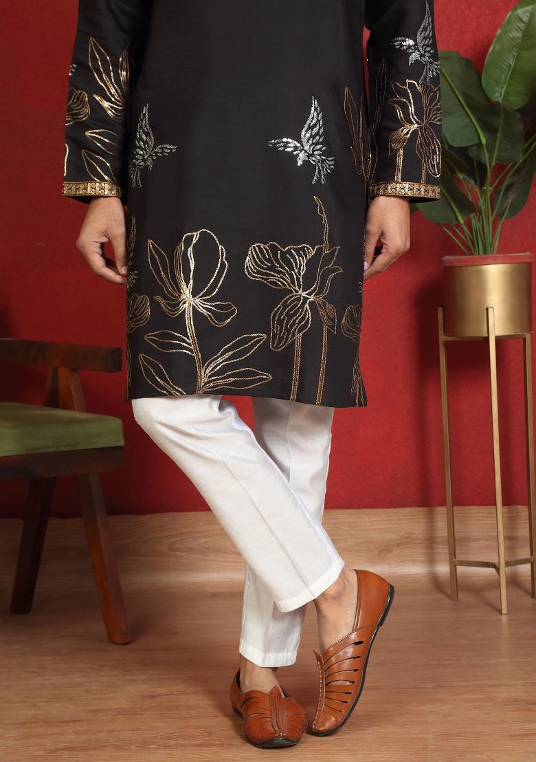 Black Embroidered Cotton Kurta For Men - Indya