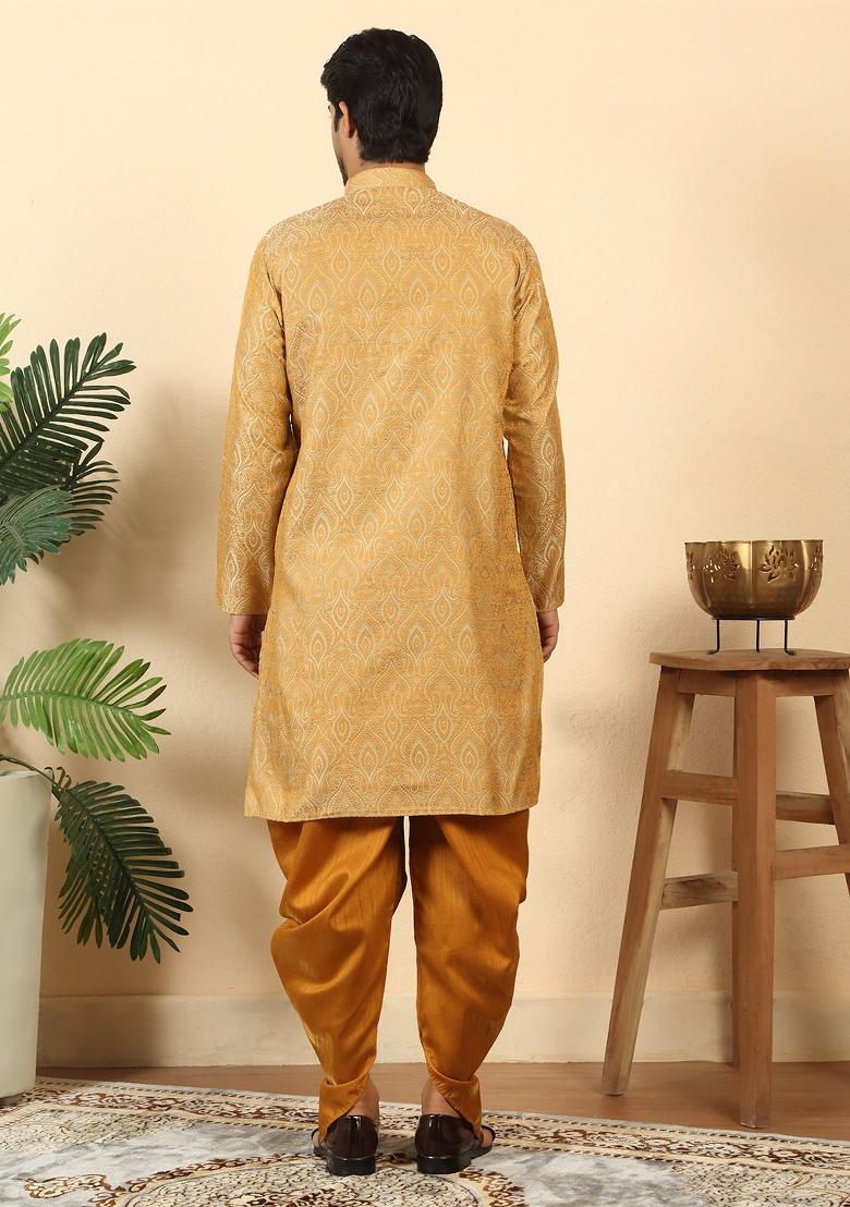 Beige Paisley Silk Blend Kurta Set For Men - Indya