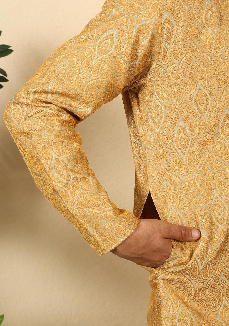 Beige Paisley Silk Blend Kurta Set For Men - Indya