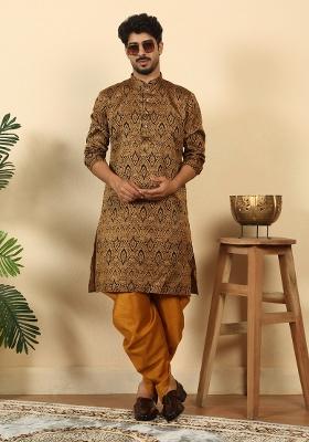 Black Paisley Silk Blend Kurta Set For Men