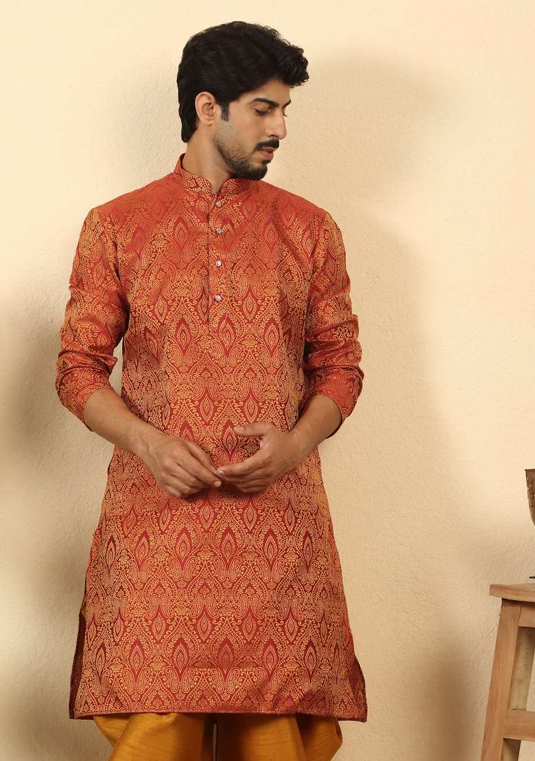 Maroon Paisley Silk Blend Kurta Set For Men - Indya