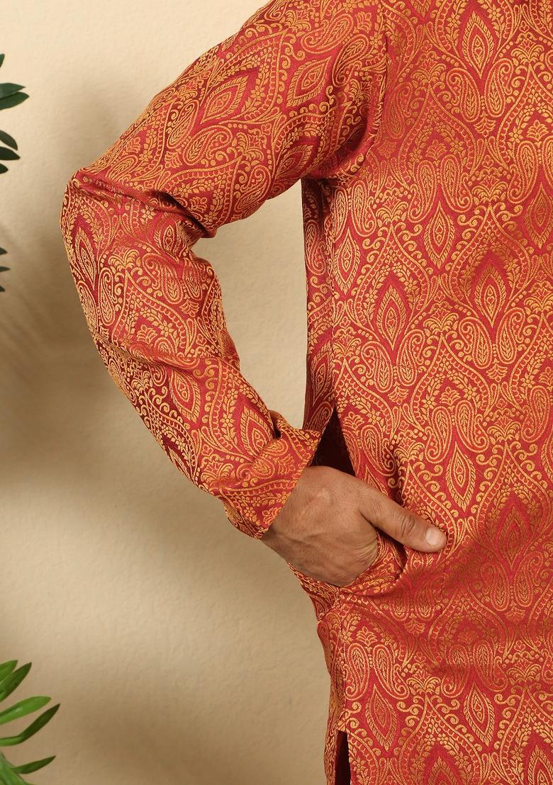 Maroon Paisley Silk Blend Kurta Set For Men - Indya
