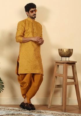 Mustard Paisley Silk Blend Kurta Set For Men