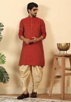 Maroon Geometric Print Silk Kurta Set For Men