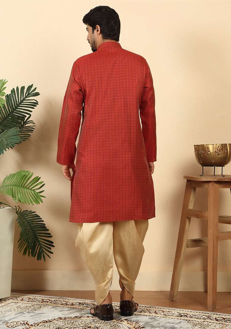 Maroon Geometric Print Silk Kurta Set For Men - Indya