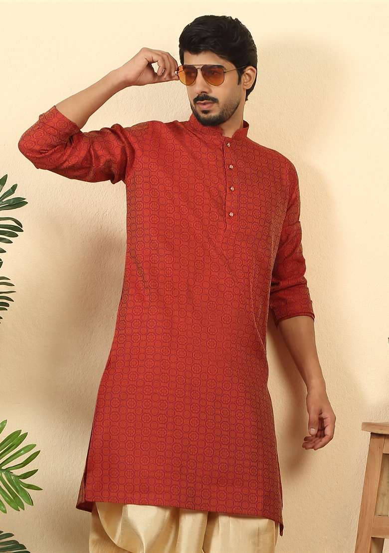 Maroon Geometric Print Silk Kurta Set For Men - Indya