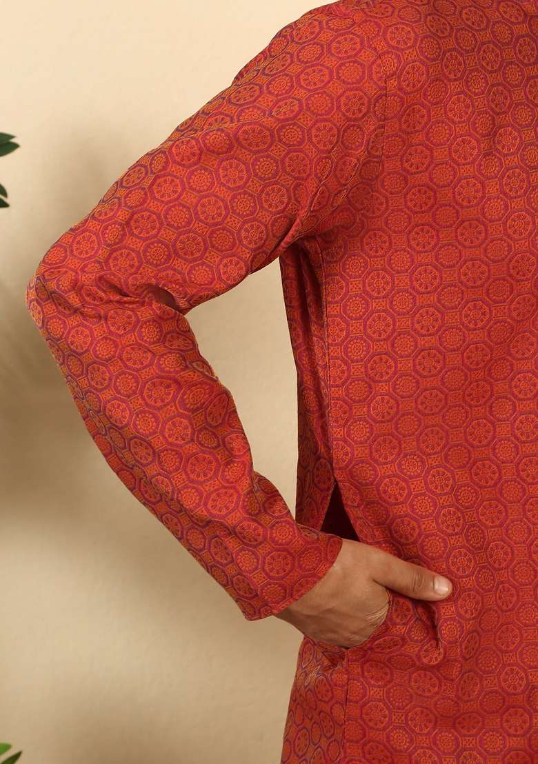 Maroon Geometric Print Silk Kurta Set For Men - Indya