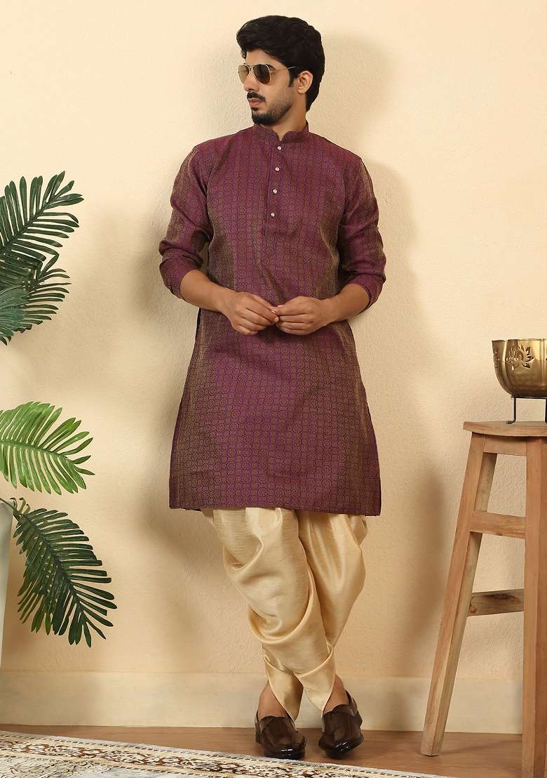 Purple Geometric Print Silk Kurta Set For Men - Indya