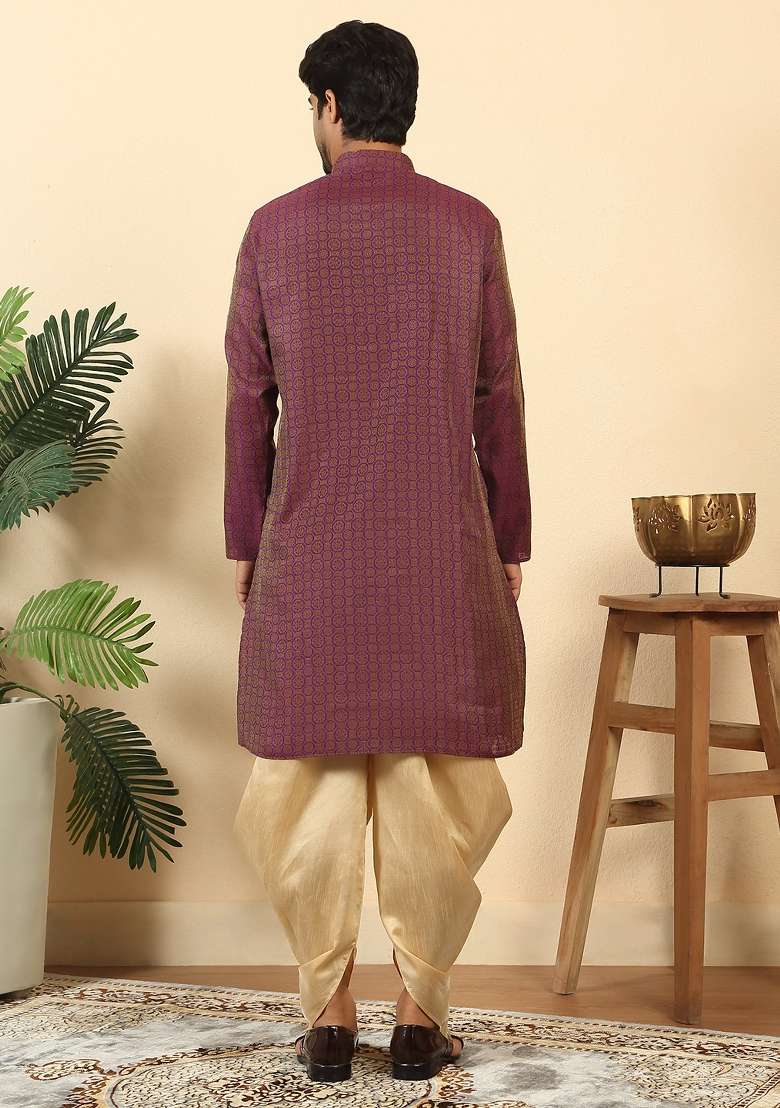 Purple Geometric Print Silk Kurta Set For Men - Indya