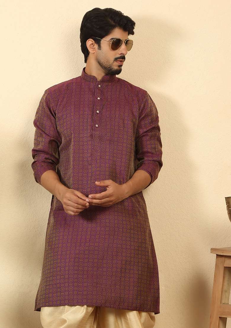 Purple Geometric Print Silk Kurta Set For Men - Indya