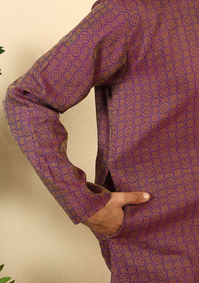 Purple Geometric Print Silk Kurta Set For Men - Indya