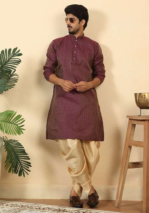 Purple Geometric Print Silk Kurta Set For Men