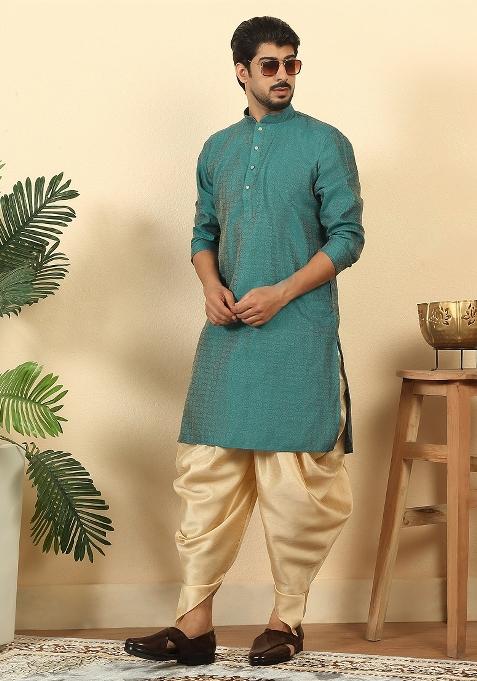 Teal Geometric Print Silk Kurta Set For Men