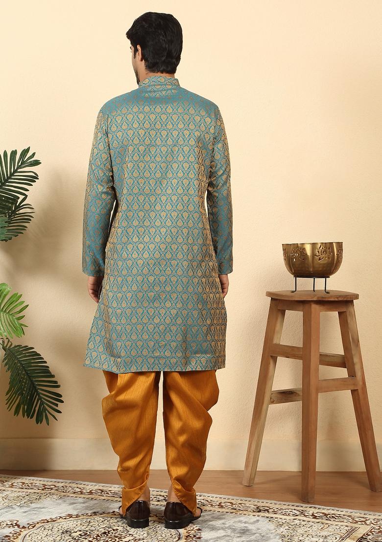 Blue Paisley Silk Blend Kurta Set For Men - Indya