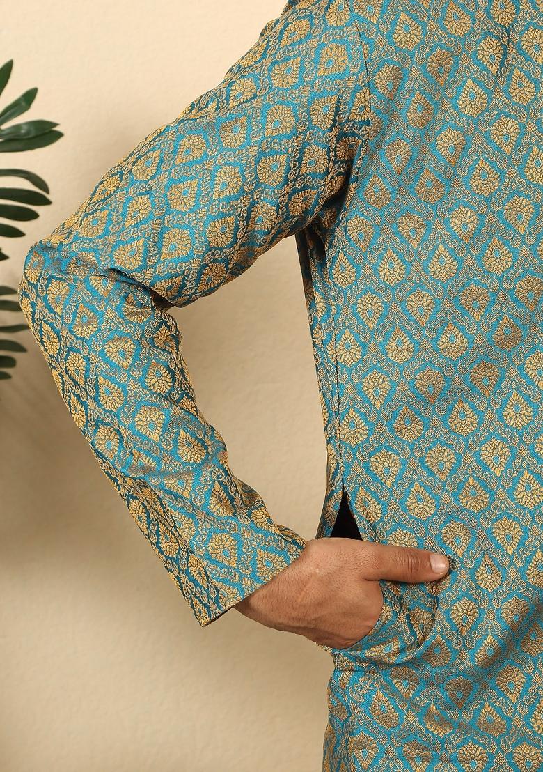 Blue Paisley Silk Blend Kurta Set For Men - Indya