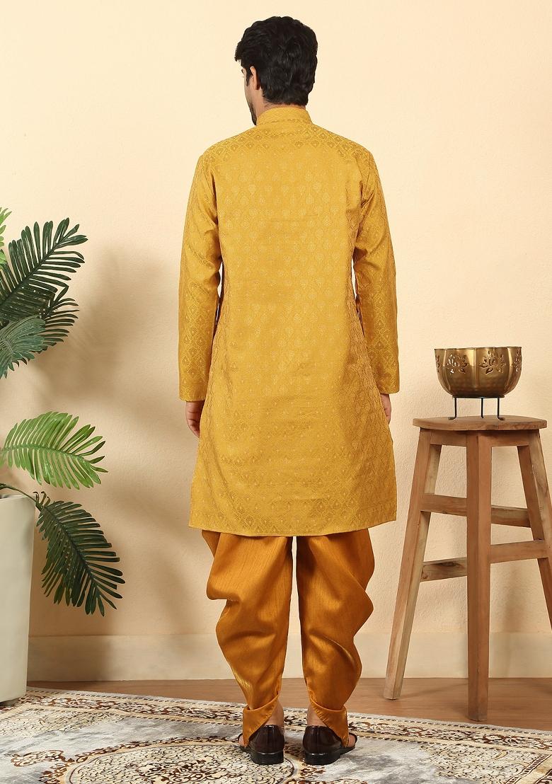 Yellow Paisley Silk Blend Kurta Set For Men - Indya