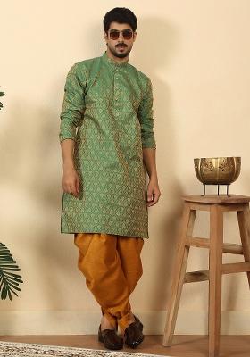 Green Paisley Silk Blend Kurta Set For Men