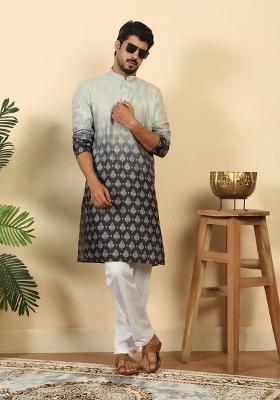 Black Ombre Cotton Kurta Set For Men