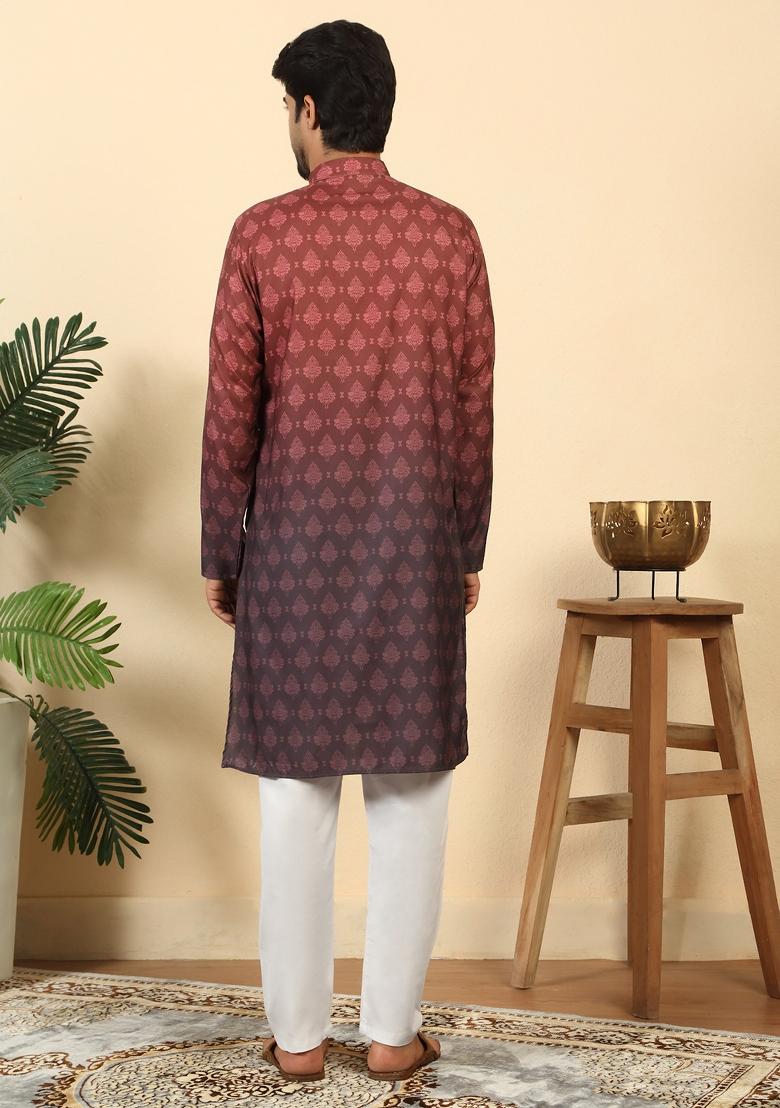 Maroon Ombre Cotton Kurta Set For Men - Indya