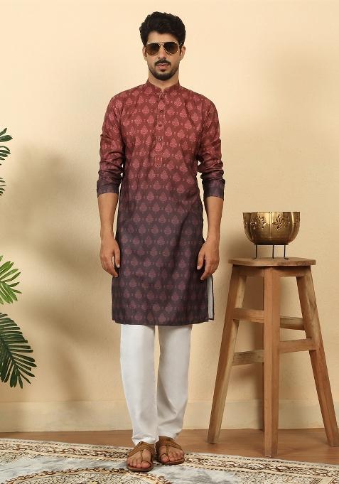 Maroon Ombre Cotton Kurta Set For Men