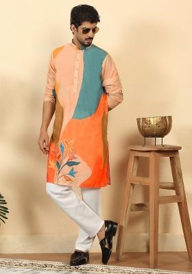 Beige Floral Print Cotton Kurta Set For Men