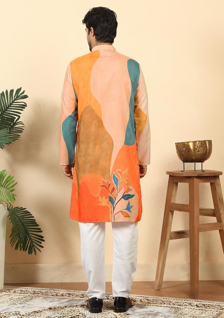 Beige Floral Print Cotton Kurta Set For Men - Indya