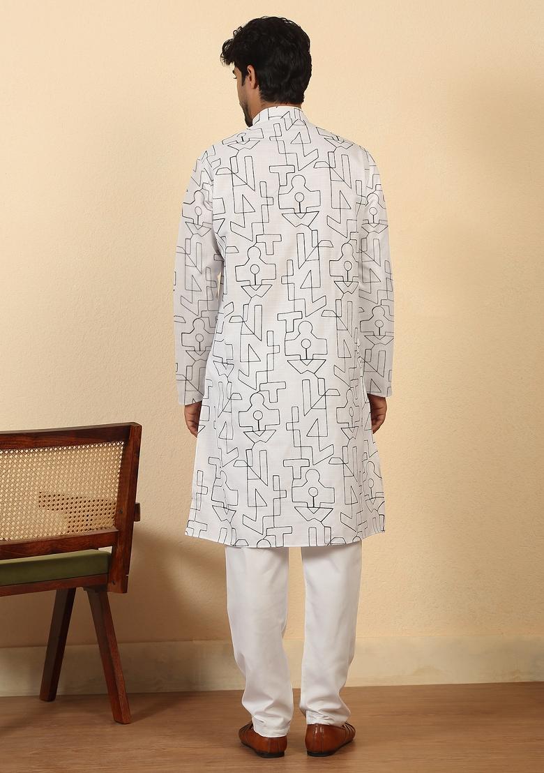 White Thread Work Cotton Kurta Set For Men - Indya
