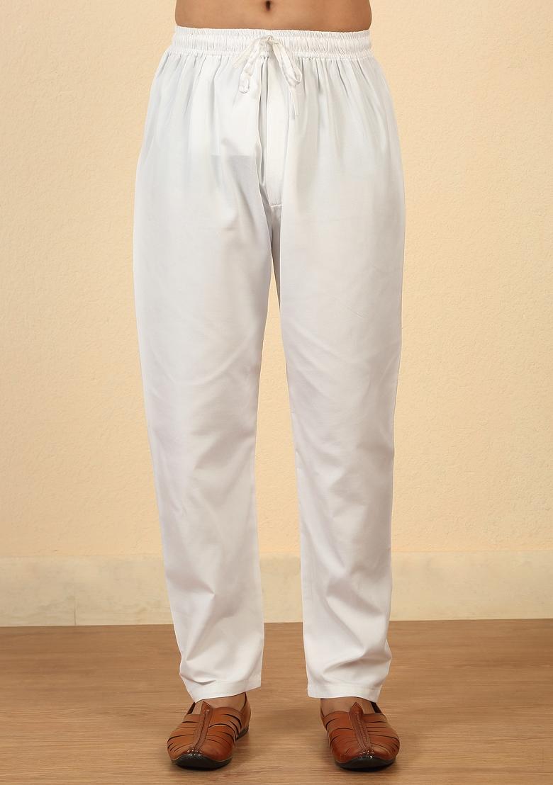 White Thread Work Cotton Kurta Set For Men - Indya